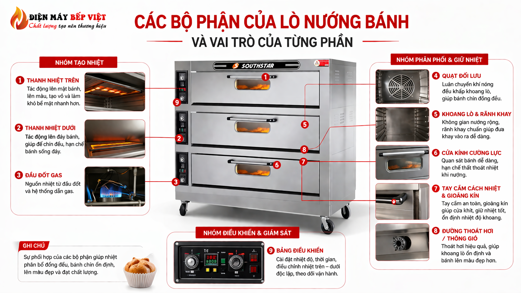 Infographic lò nướng bánh công nghiệp hiển thị các bộ phận và vai trò như thanh nhiệt, quạt đối lưu, khoang lò và bảng điều khiển