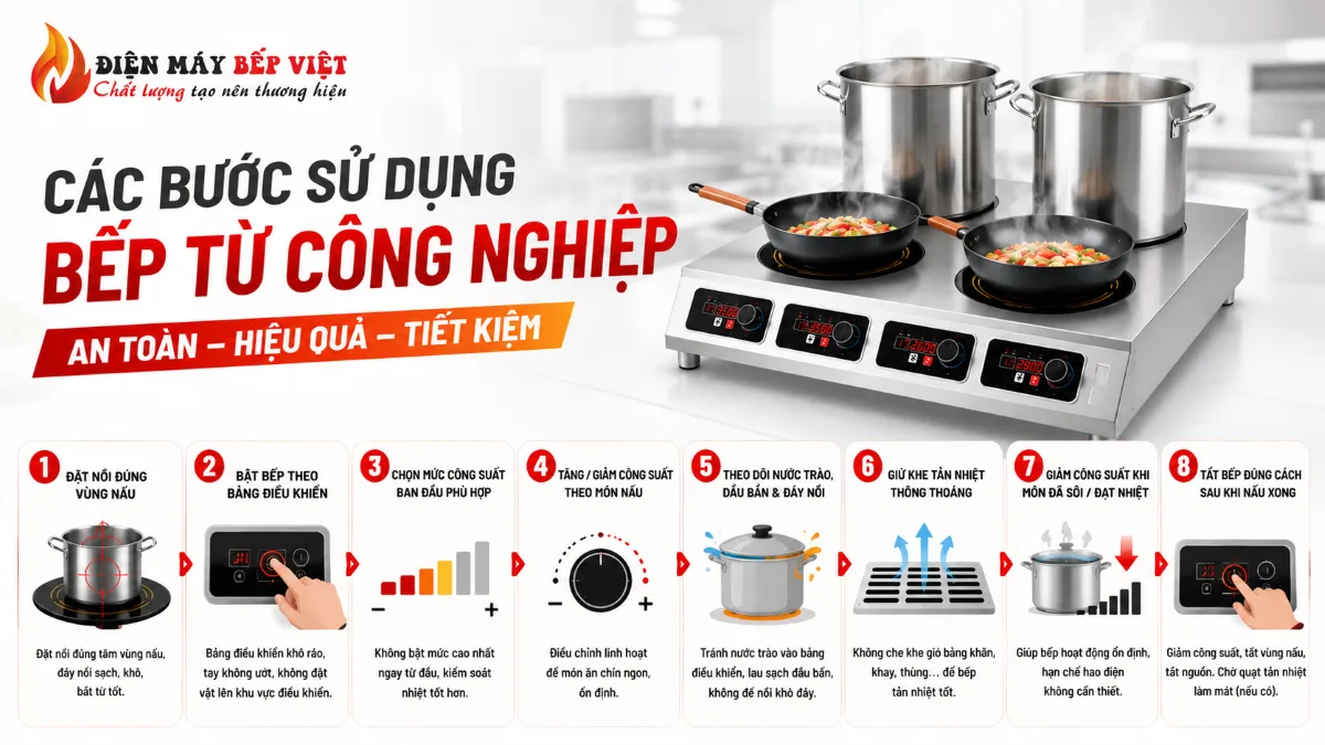 Các bước sử dụng bếp từ công nghiệp an toàn với thao tác đặt nồi, chỉnh công suất và vận hành đúng cách trong bếp nhà hàng.