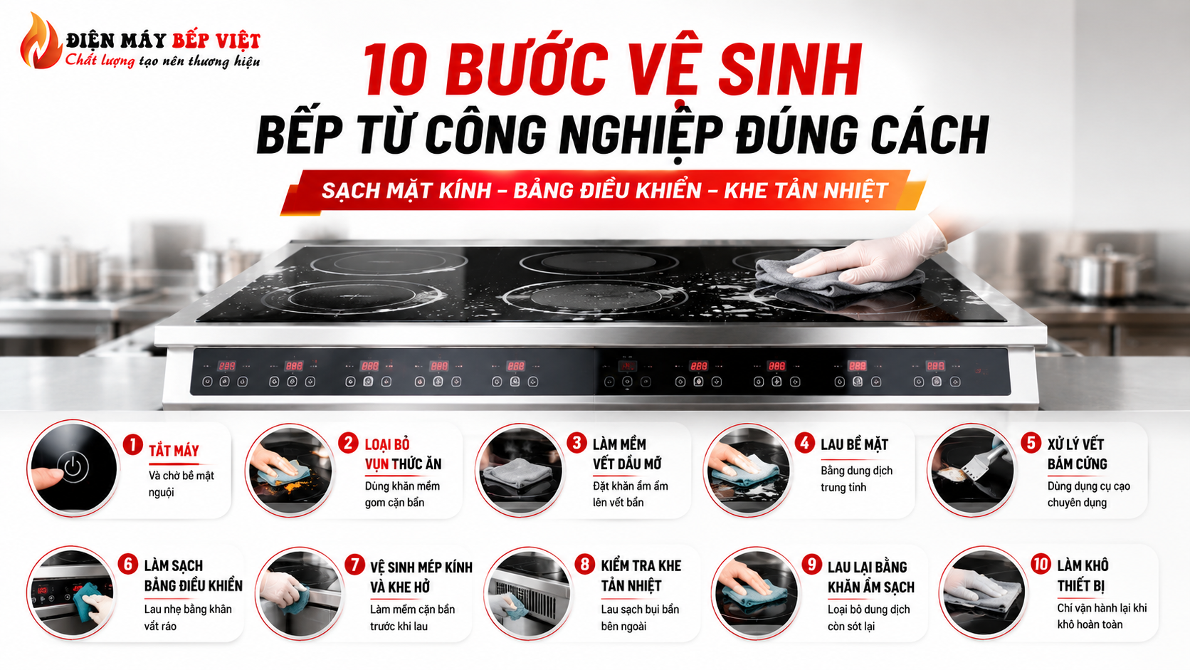 Các bước vệ sinh bếp từ công nghiệp đúng cách với lau mặt kính, bảng điều khiển và khe tản nhiệt sau ca nấu