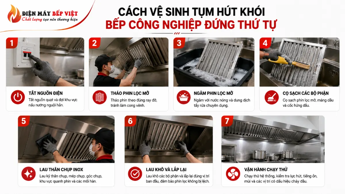 Các bước vệ sinh tum hút khói bếp công nghiệp đúng thứ tự từ tháo phin lọc mỡ đến lau chùi và vận hành kiểm tra hệ thống