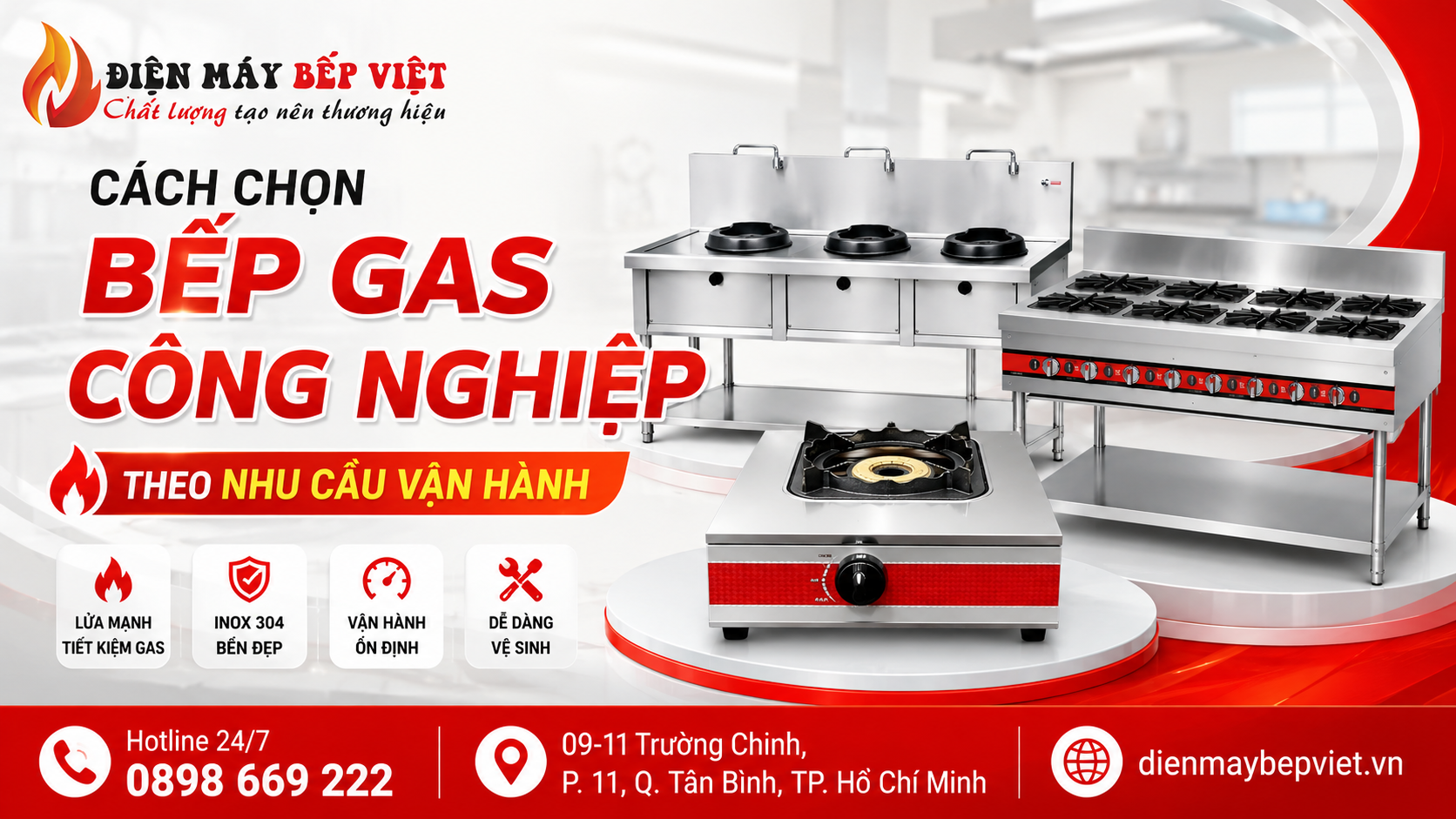 Bếp gas công nghiệp inox nhiều họng cho nhà hàng và quán ăn với thiết kế bền đẹp, lửa mạnh, vận hành ổn định tại Điện Máy Bếp Việt