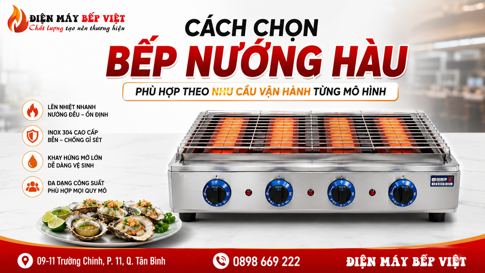 Bếp nướng hàu inox 4 họng được đặt trong bố cục thương mại để minh họa cách chọn bếp nướng hàu phù hợp theo quy mô quán nhậu và nhà hàng hải sản.
