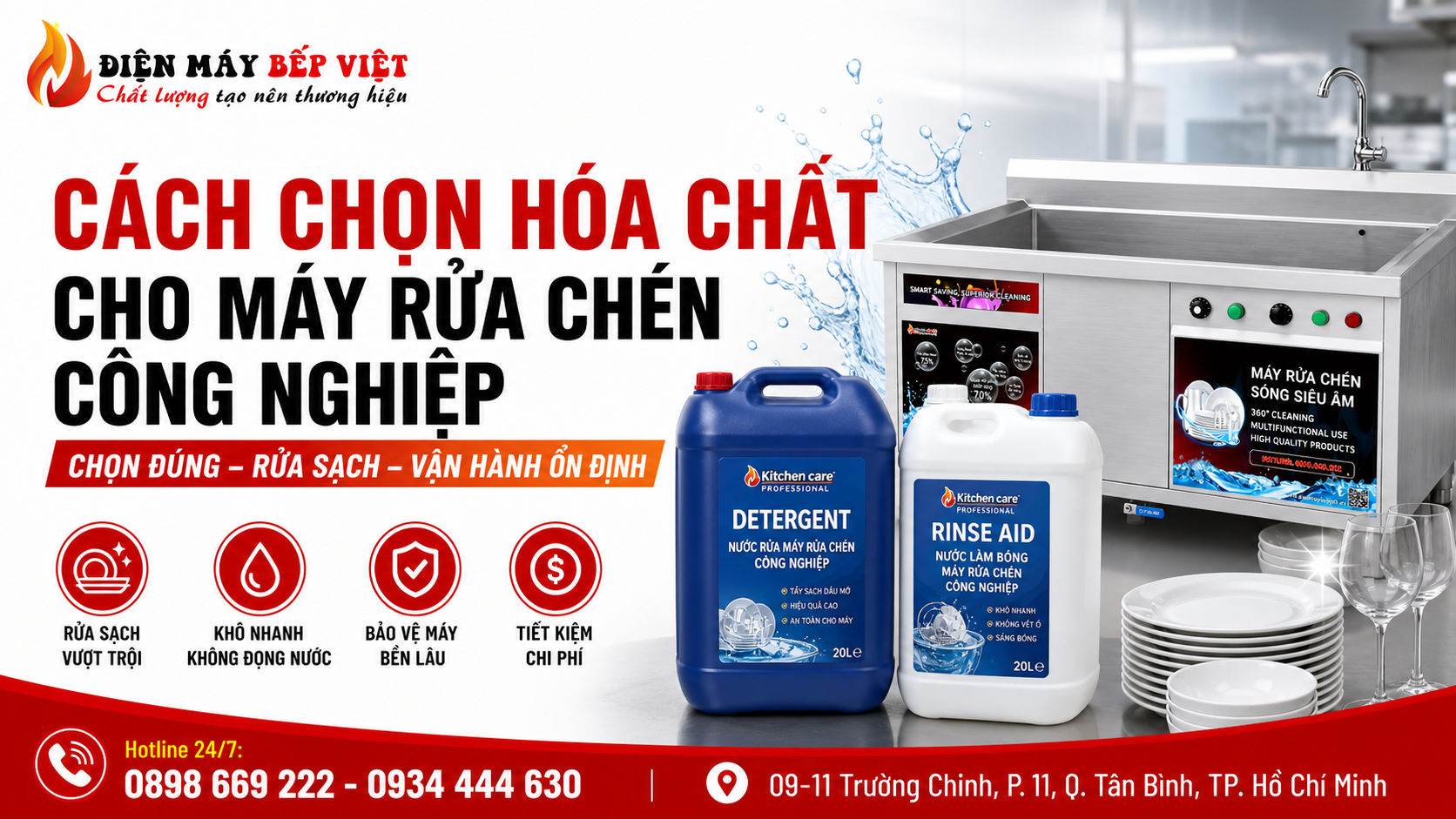 Hình minh họa cách chọn hóa chất cho máy rửa chén công nghiệp với nước rửa detergent và nước làm bóng rinse aid giúp rửa sạch hiệu quả, chống đọng nước và bảo vệ máy vận hành ổn định.