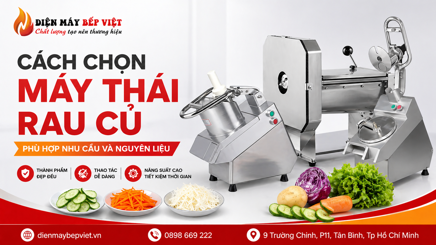 Máy thái rau củ công nghiệp inox Điện Máy Bếp Việt hỗ trợ chọn máy thái rau củ phù hợp nhu cầu sơ chế nhà hàng và bếp công nghiệp