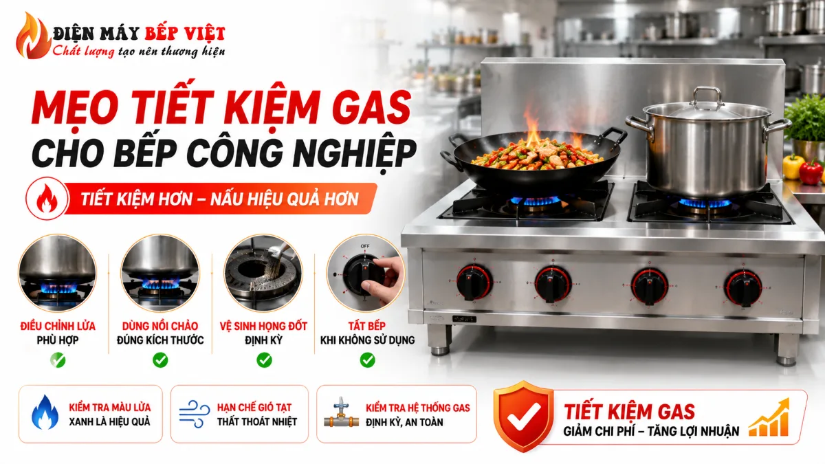 Bếp gas công nghiệp inox đang chế biến món ăn được minh họa cùng các mẹo tiết kiệm gas giúp tối ưu chi phí vận hành trong nhà hàng và quán ăn.