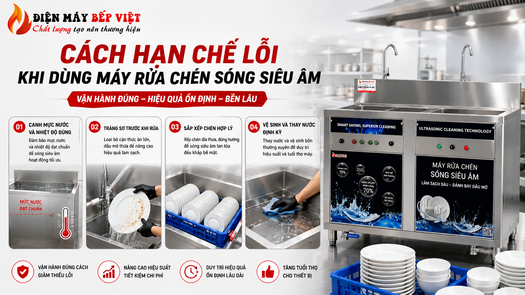 Hình ảnh minh họa cách vận hành đúng máy rửa chén sóng siêu âm với bố trí chén hợp lý và quy trình làm sạch ổn định trong bếp công nghiệp