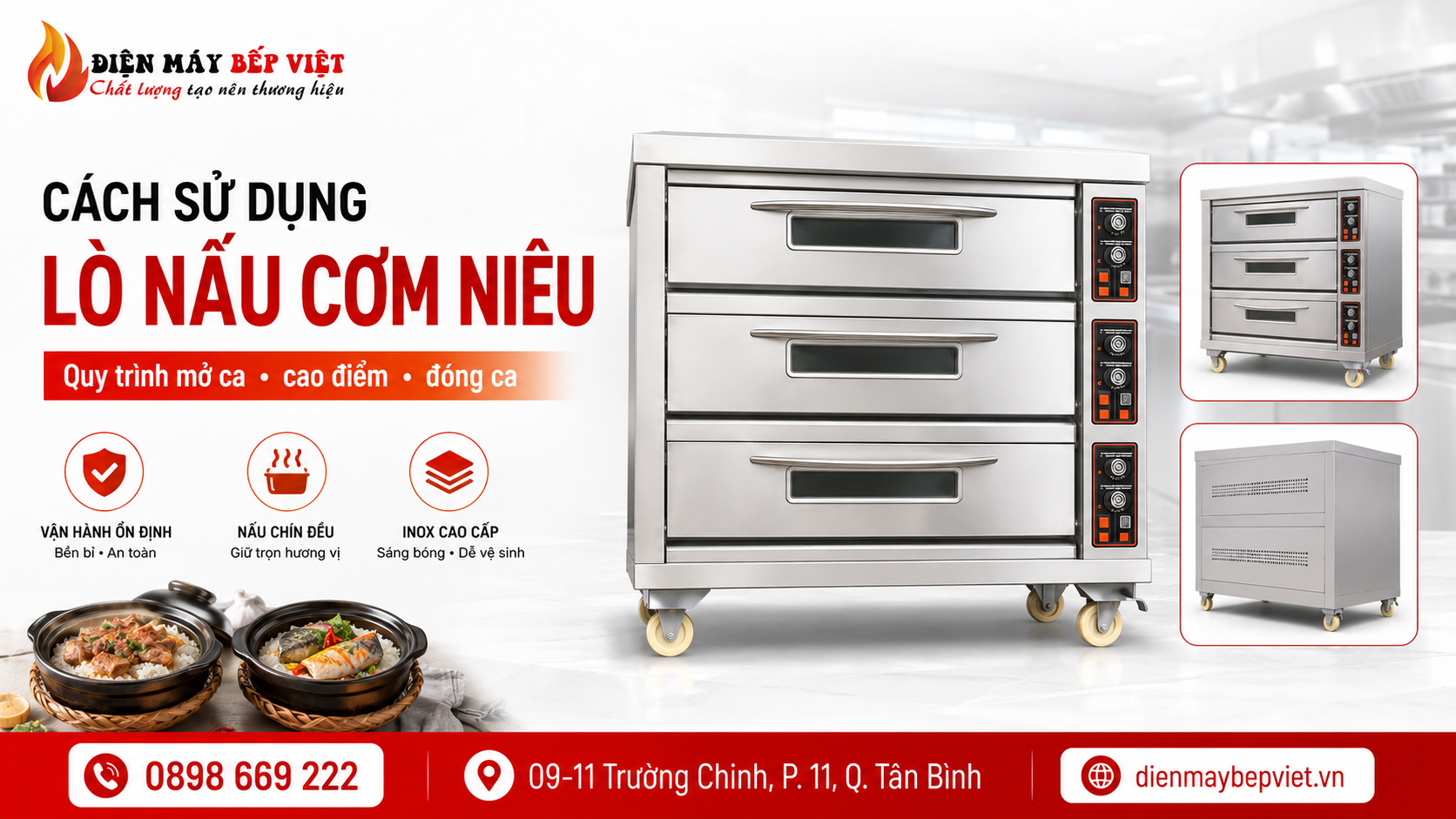 Lò nấu cơm niêu inox nhiều tầng được Điện Máy Bếp Việt minh họa trong ảnh hướng dẫn sử dụng, nhấn mạnh quy trình mở ca, giờ cao điểm và đóng ca để vận hành ổn định.