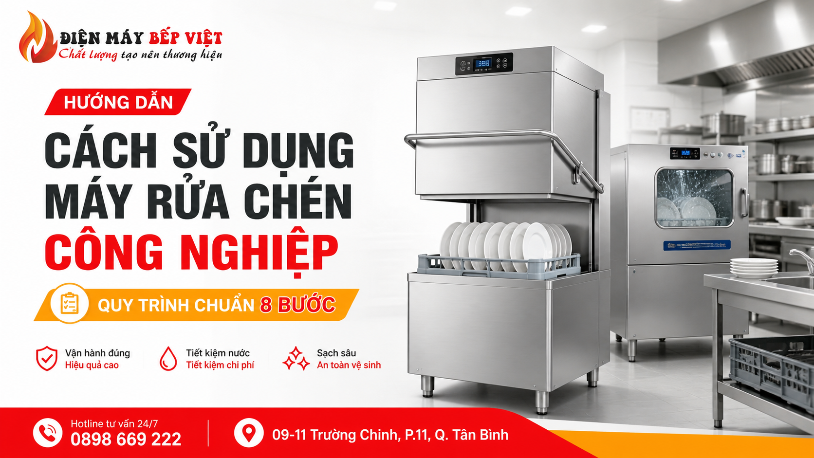 Máy rửa chén công nghiệp inox hiển thị trong banner hướng dẫn cách sử dụng máy rửa chén công nghiệp cho bếp nhà hàng