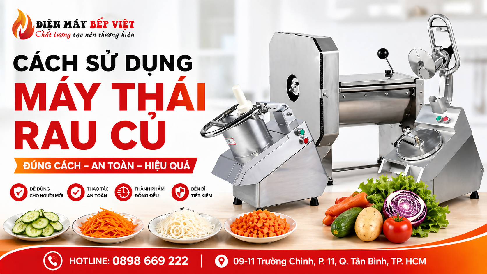 Máy thái rau củ công nghiệp inox Điện Máy Bếp Việt hướng dẫn cách sử dụng máy thái rau củ đúng cách an toàn cho bếp nhà hàng và bếp công nghiệp