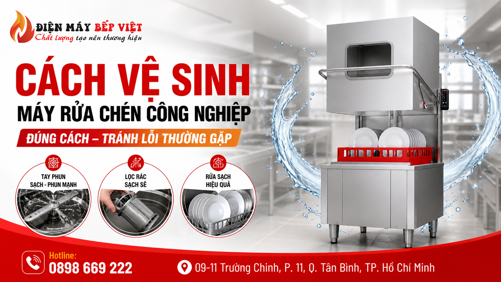 Hình minh họa cách vệ sinh máy rửa chén công nghiệp đúng cách với các bước làm sạch tay phun, bộ lọc rác và khoang rửa giúp máy vận hành ổn định, tránh lỗi tắc vòi và đọng nước.