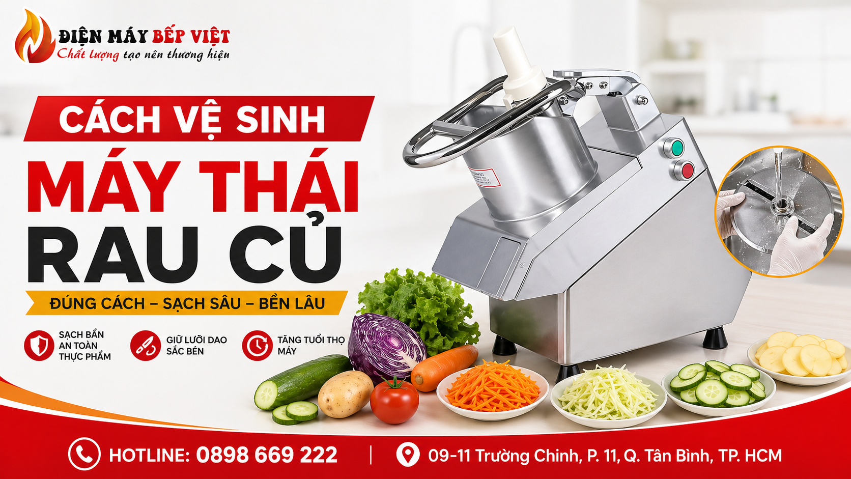 Máy thái rau củ công nghiệp inox Điện Máy Bếp Việt hướng dẫn cách vệ sinh máy thái rau củ đúng cách giúp sạch sâu, giữ lưỡi dao sắc và tăng độ bền thiết bị