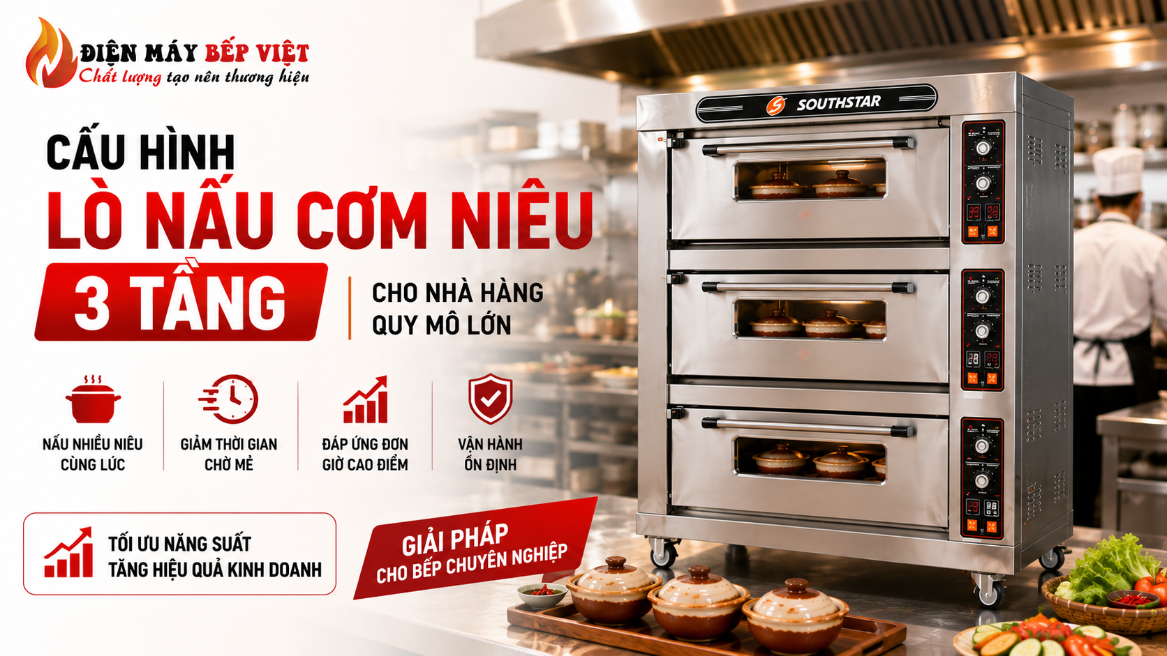 Hình minh họa cấu hình lò nấu cơm niêu 3 tầng cho nhà hàng quy mô lớn với lò Southstar công suất cao, hỗ trợ nấu nhiều niêu cùng lúc và vận hành ổn định giờ cao điểm.