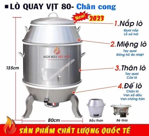 CẤU TẠO & CHẤT LIỆU LÒ QUAY VỊT INOX 80 Chân Cong