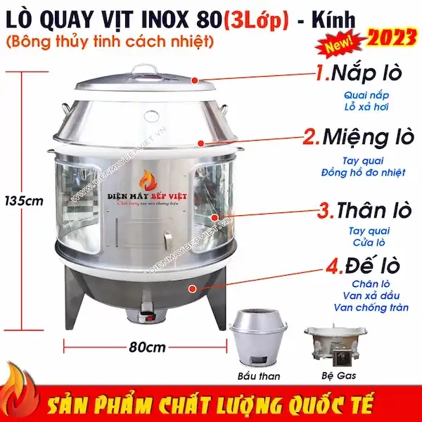 CẤU TẠO & CHẤT LIỆU LÒ QUAY VỊT INOX 80 kính than