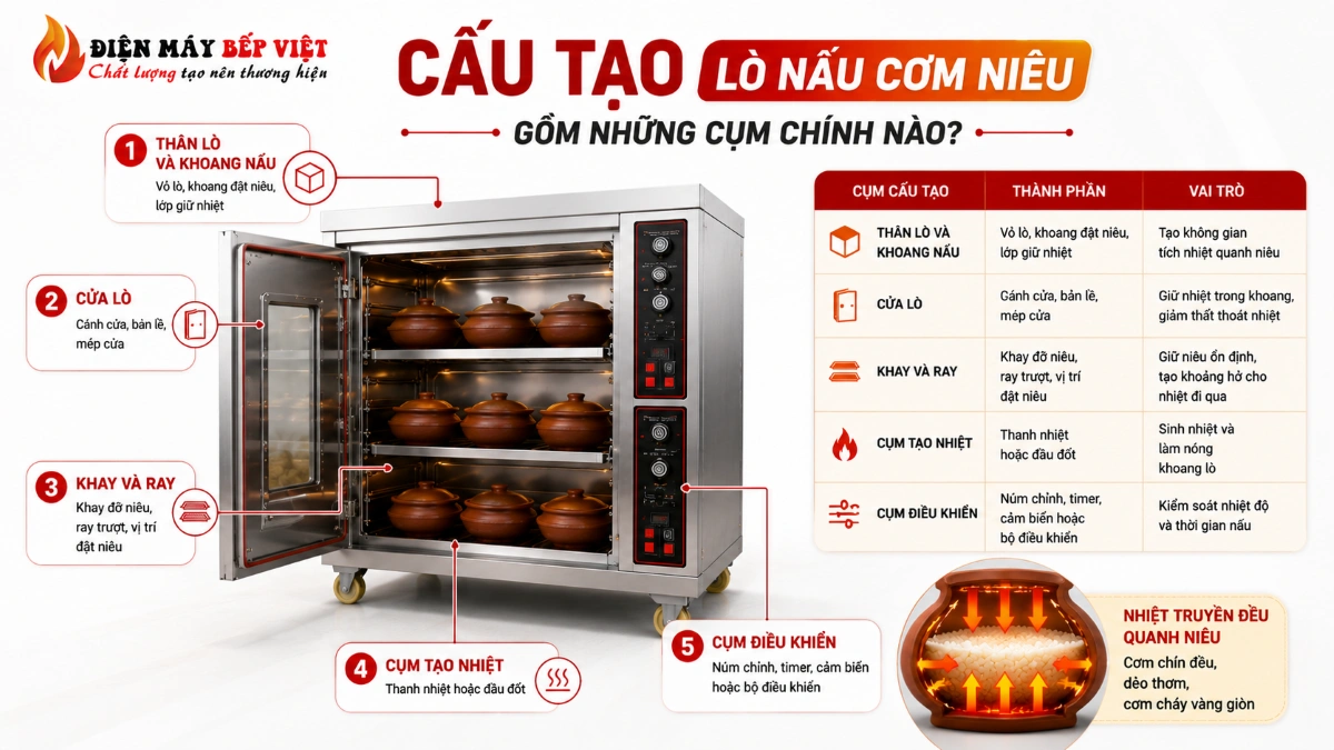 Infographic cấu tạo lò nấu cơm niêu gồm các cụm chính như khoang nấu, cửa lò, khay ray, cụm tạo nhiệt và bộ điều khiển trên lò nấu cơm niêu inox công nghiệp.