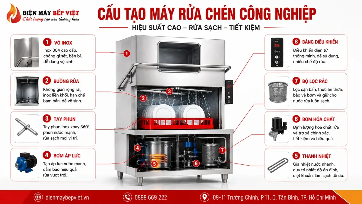 Cấu tạo máy rửa chén công nghiệp gồm buồng rửa tay phun bơm áp lực và bộ lọc
