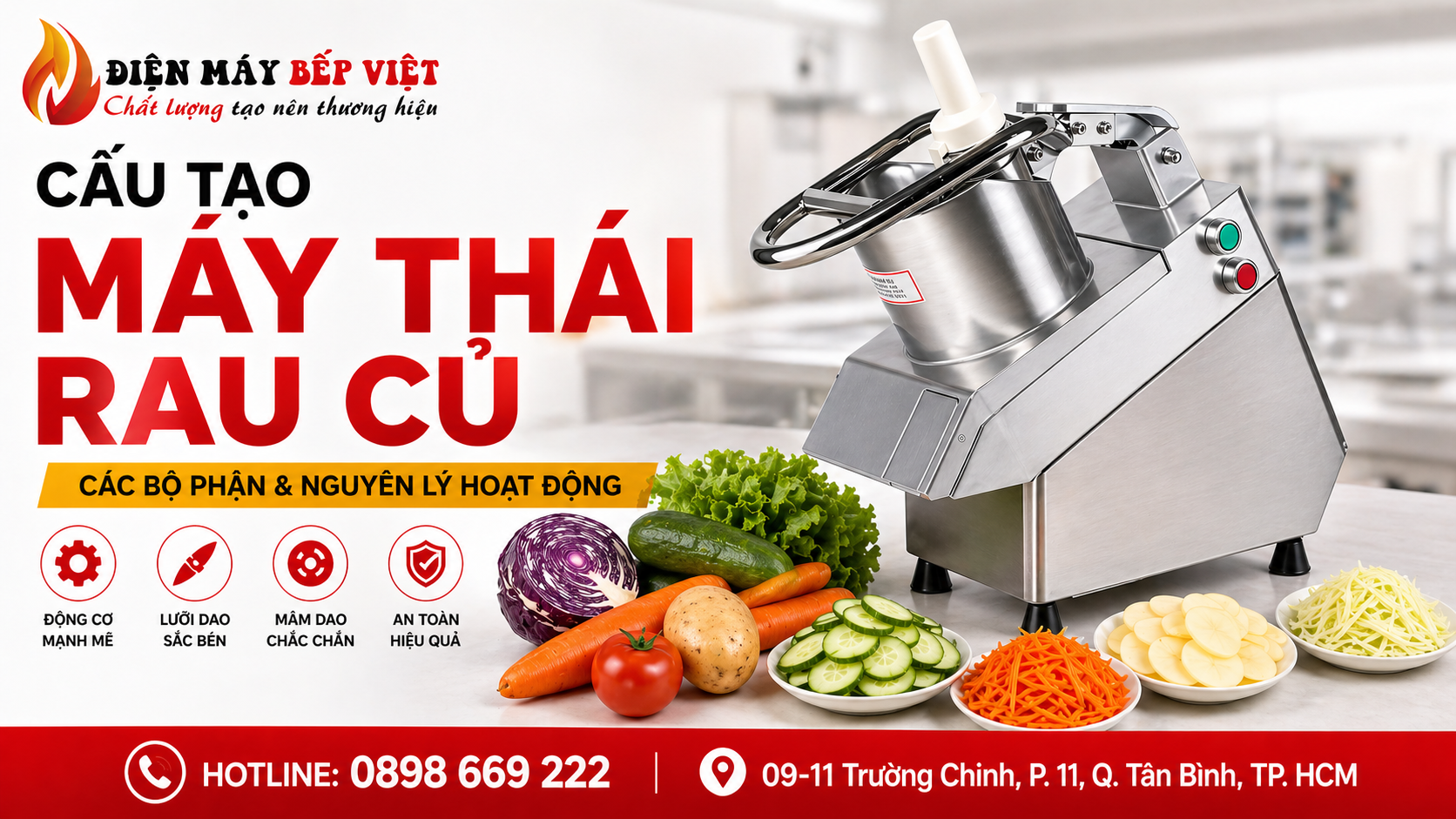 Máy thái rau củ công nghiệp inox Điện Máy Bếp Việt minh họa cấu tạo máy thái rau củ gồm động cơ, lưỡi dao, mâm dao và nguyên lý hoạt động thực tế