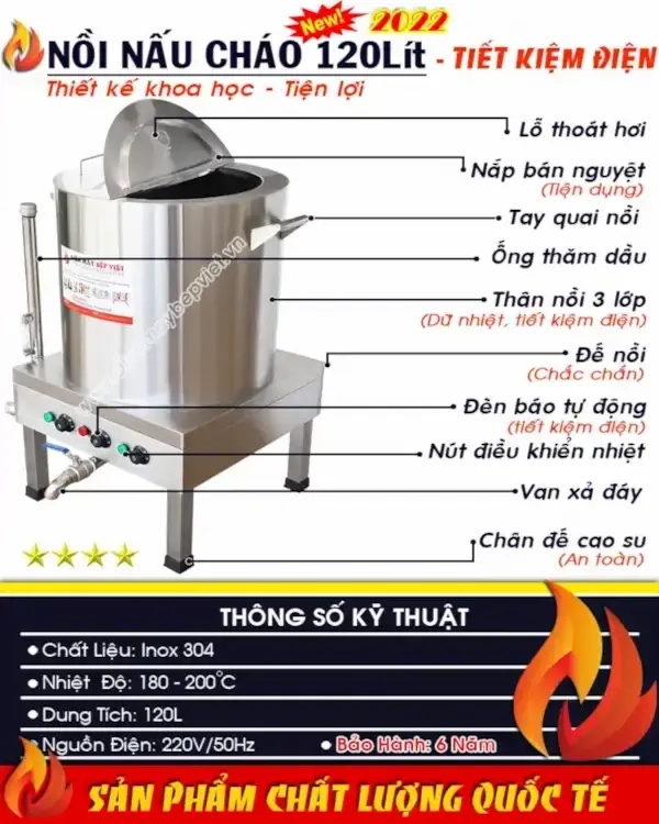 Cấu tạo nồi điện nấu cháo 120 Lít