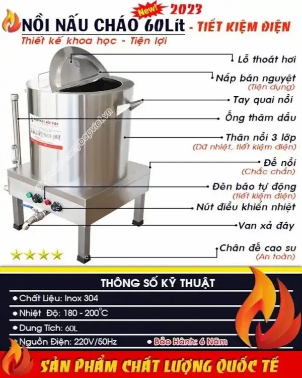 Cấu tạo nồi điện nấu cháo 60 Lít