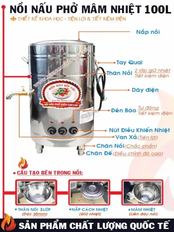 Cấu Tạo Nồi Nấu Phở Điện Mâm Nhiệt 100L