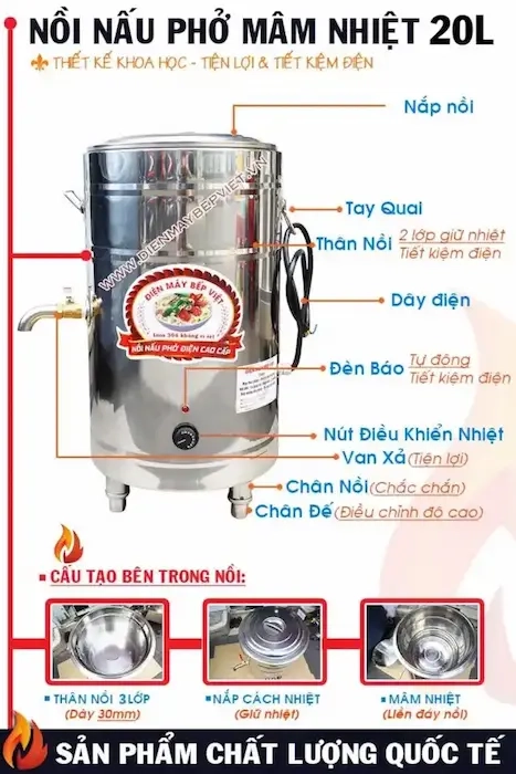 Cấu tạo nồi nấu phở mâm nhiệt 20L