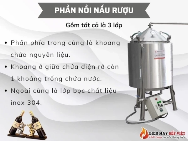 nồi nấu rượu sử dụng điện có cấu tạo 3 lớp