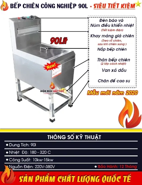 Cấu tạo và thông số kỹ thuật của bếp chiên công nghiệp 90 lít