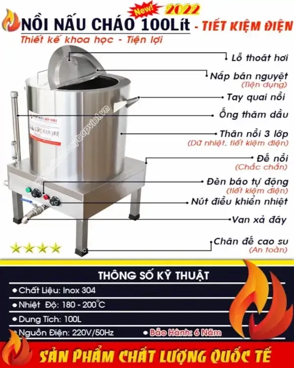 Cấu tạo và thông số kỹ thuật nồi nấu cháo điện công nghiệp 100L