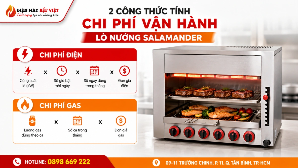 Infographic trình bày 2 công thức tính chi phí vận hành lò nướng Salamander gồm chi phí điện và chi phí gas