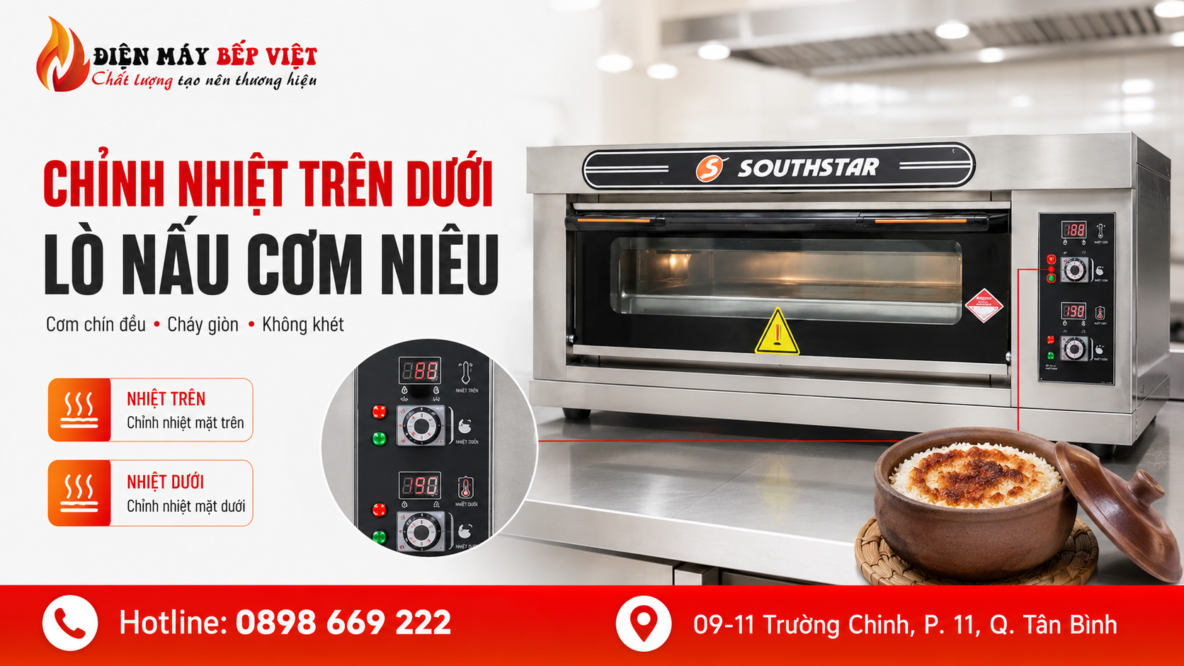 Lò nấu cơm niêu inox được minh họa cùng bảng điều khiển nhiệt trên dưới và niêu cơm cháy giòn để hướng dẫn chỉnh nhiệt giúp cơm chín đều, không khét.