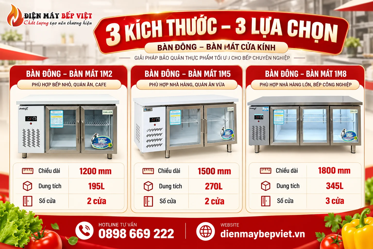 Bảng so sánh kích thước dung tích và số cửa bàn mát Snow Village