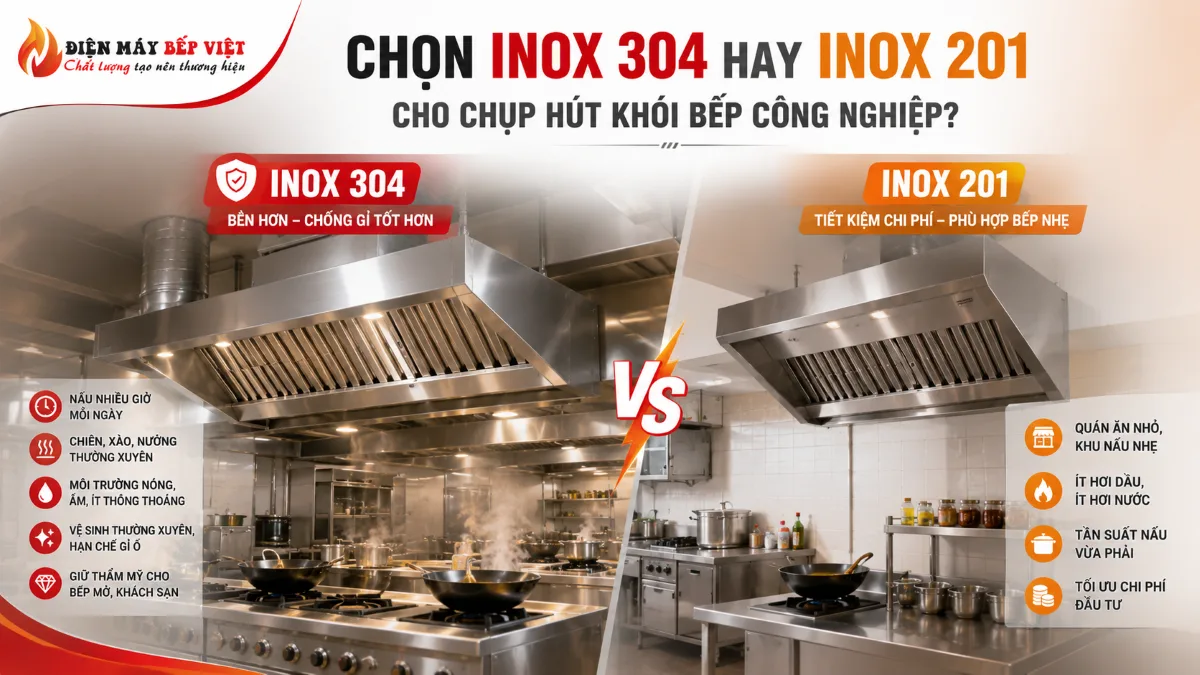 So sánh chụp hút khói bếp công nghiệp inox 304 và inox 201 theo môi trường bếp, độ bền và tần suất sử dụng