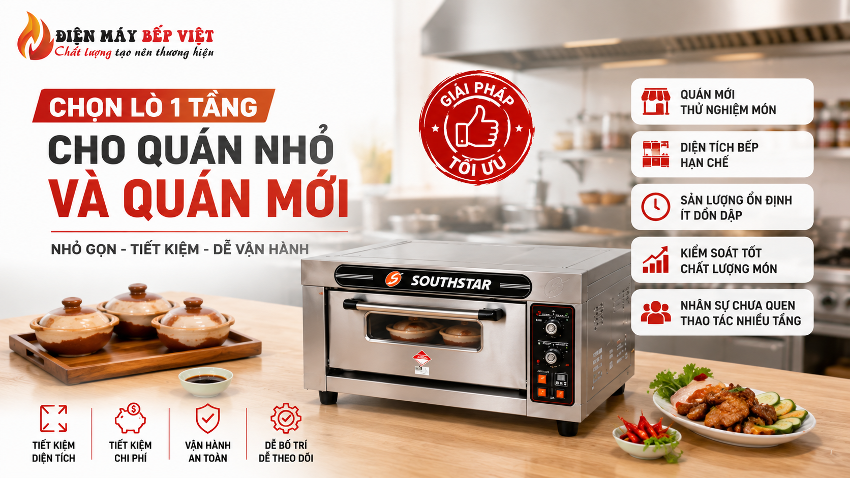 Hình minh họa lò nấu cơm niêu 1 tầng cho quán nhỏ và quán mới với lò Southstar nhỏ gọn, phù hợp bếp diện tích hạn chế và mô hình thử nghiệm món cơm niêu.