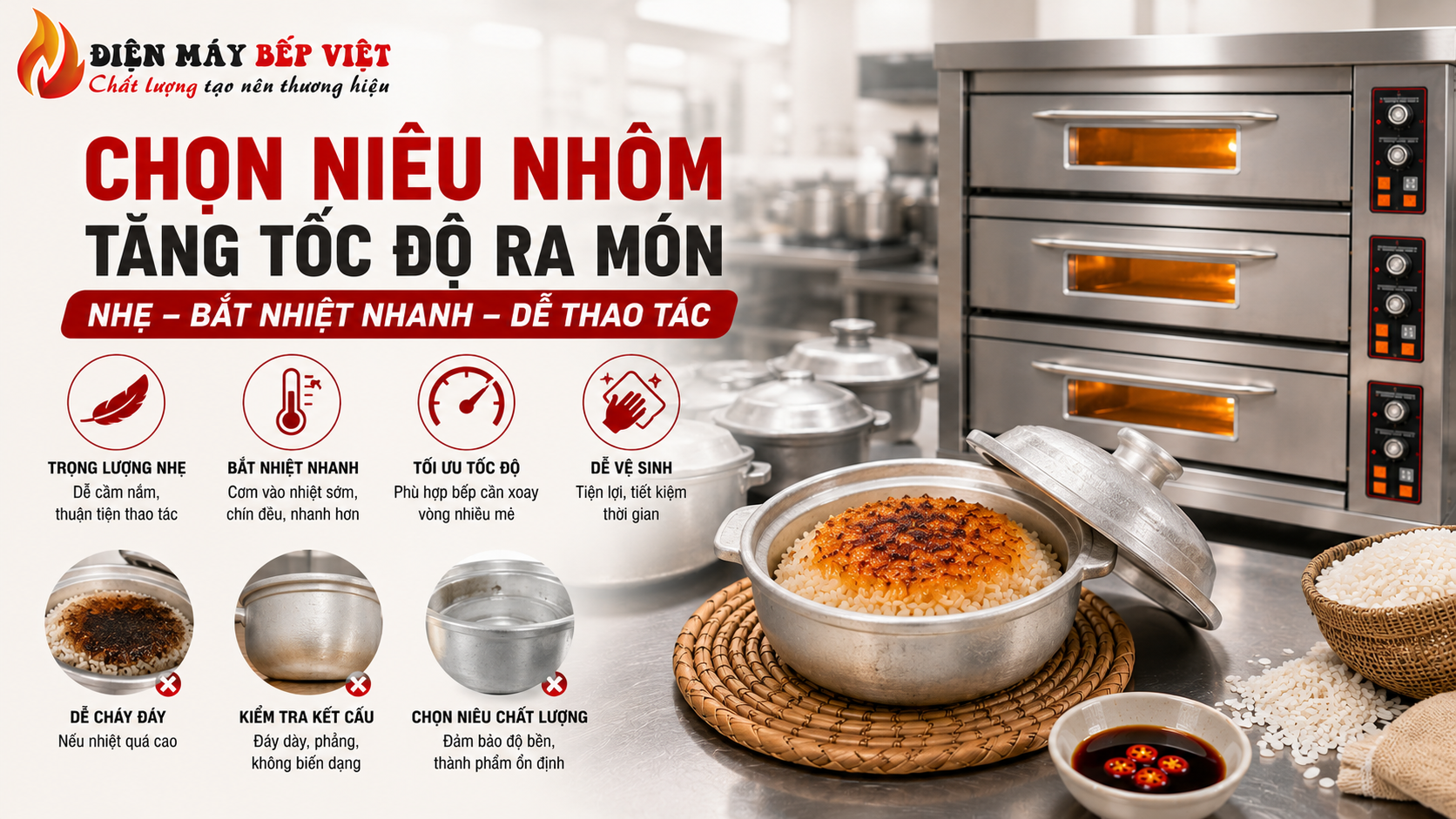 Minh họa niêu nhôm nấu cơm niêu với cơm cháy vàng giòn đặt cạnh lò nướng công nghiệp inox, nhấn mạnh ưu điểm nhẹ, bắt nhiệt nhanh và tối ưu tốc độ ra món