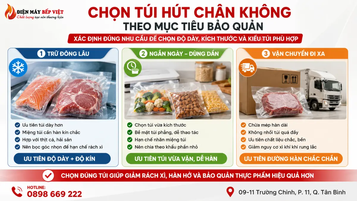 Infographic hướng dẫn chọn túi hút chân không phù hợp cho trữ đông, bảo quản ngắn ngày và vận chuyển thực phẩm.