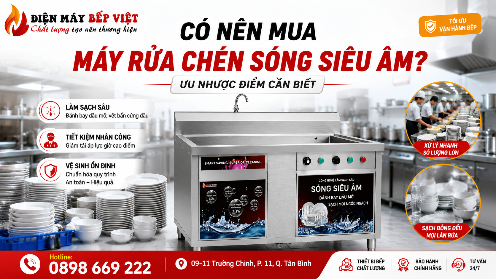 Banner máy rửa chén sóng siêu âm trong bếp công nghiệp với tiêu đề có nên mua và thông tin ưu nhược điểm nổi bật