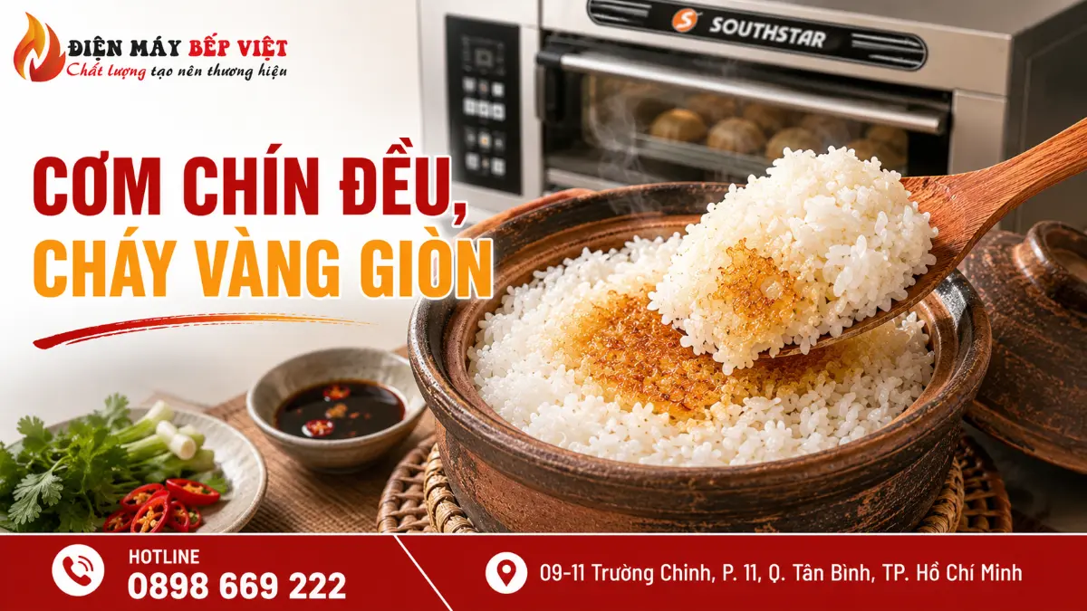 cơm niêu cháy vàng giòn nấu bằng lò