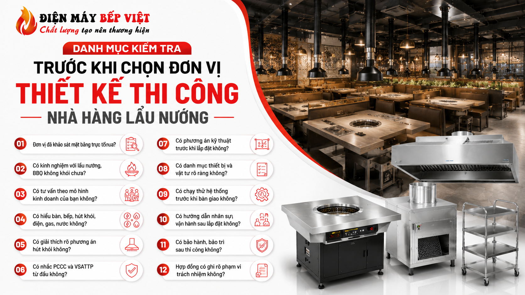 Danh mục kiểm tra trước khi chọn đơn vị thiết kế thi công nhà hàng lẩu nướng với hệ thống hút khói, bàn bếp và thiết bị BBQ không khói