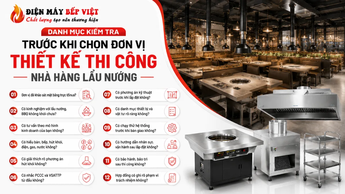 Danh mục kiểm tra trước khi chọn đơn vị thiết kế thi công nhà hàng lẩu nướng với hệ thống hút khói, bàn bếp và thiết bị BBQ không khói