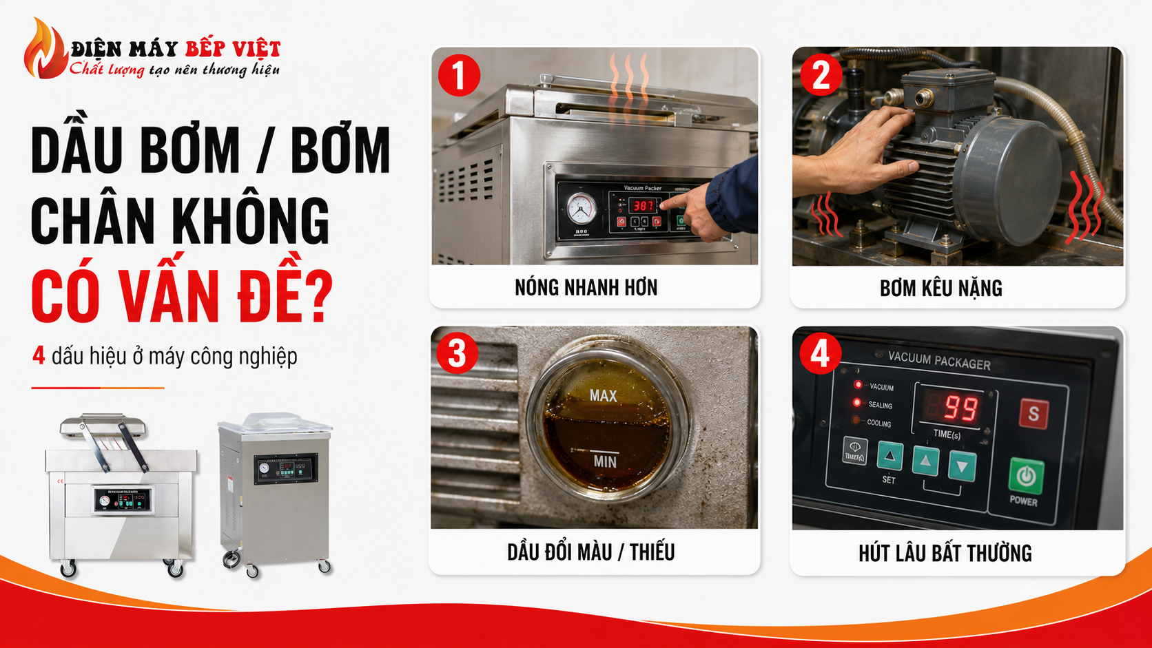 Infographic minh họa 5 tình huống khiến máy hút chân không phải hút lâu do khoang hút bẩn, túi đặt sai hoặc thực phẩm còn nước.