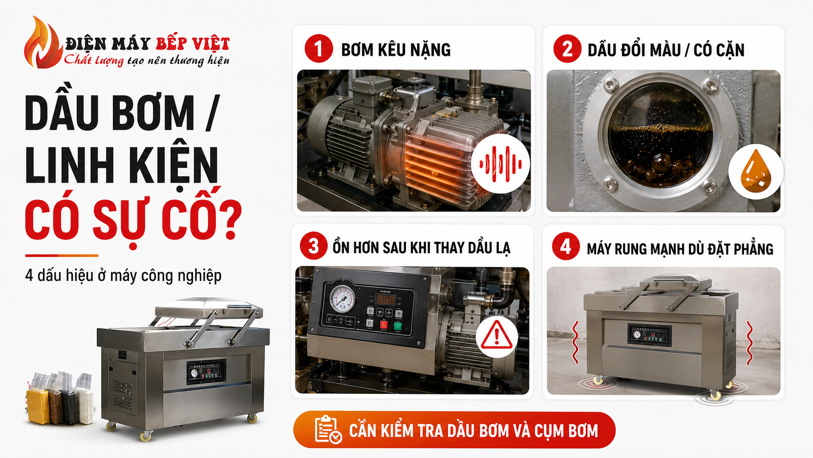 Infographic minh họa 4 dấu hiệu dầu bơm hoặc linh kiện máy hút chân không công nghiệp gặp sự cố khi vận hành.