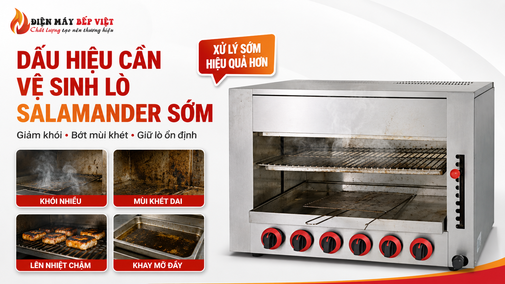 Lò Salamander inox được minh họa với khoang lò có khói, mùi khét, lên nhiệt chậm và khay mỡ đầy để cảnh báo cần vệ sinh sớm.