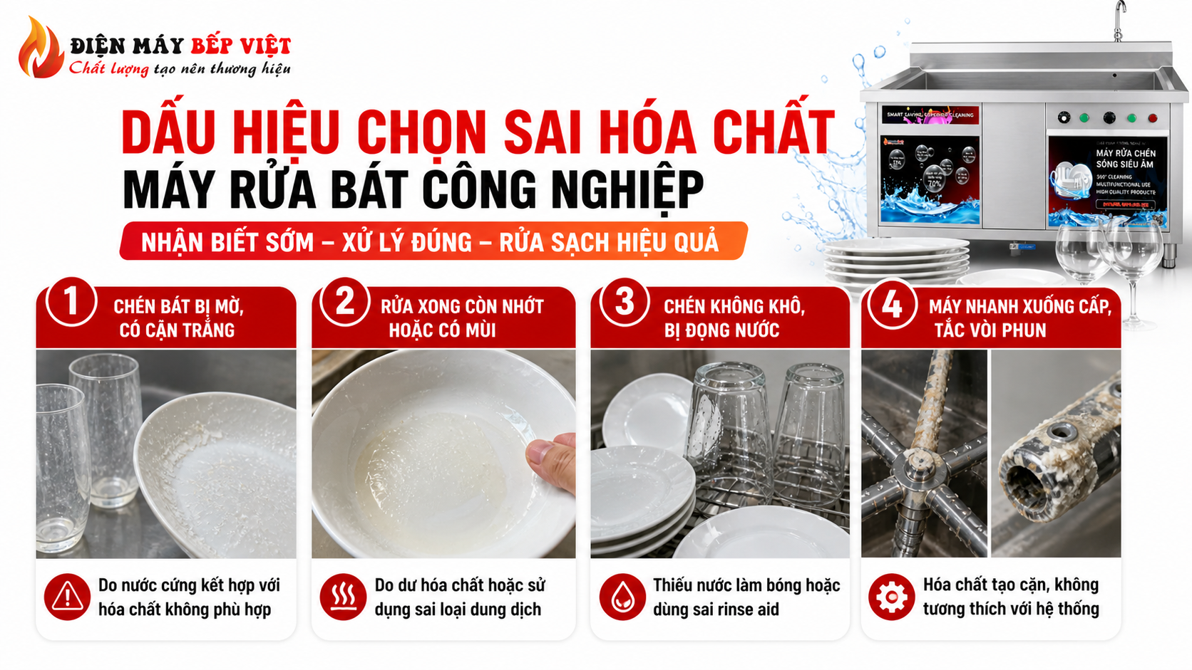 Hình minh họa dấu hiệu chọn sai hóa chất máy rửa bát công nghiệp như chén bát bị mờ, còn nhớt, đọng nước và máy nhanh xuống cấp do hóa chất không phù hợp.