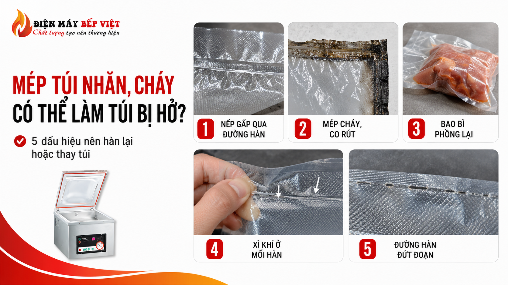 Infographic minh họa 5 dấu hiệu mép túi hút chân không bị nhăn cháy có thể làm túi bị hở.