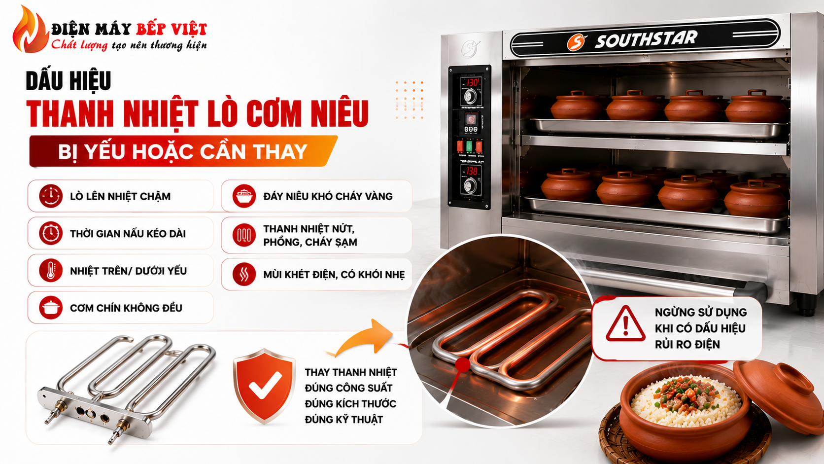 Infographic dấu hiệu thanh nhiệt lò cơm niêu bị yếu với lò Southstar, thanh nhiệt công nghiệp và các biểu hiện như lên nhiệt chậm, cơm chín không đều, cháy sạm và có mùi khét điện.