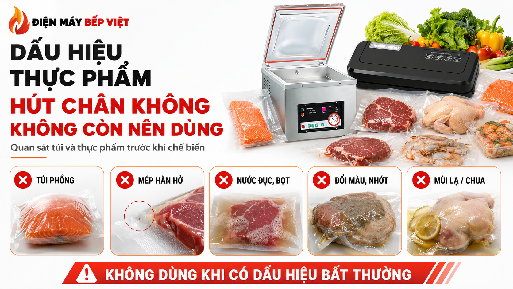 Infographic minh họa các dấu hiệu thực phẩm hút chân không không còn nên dùng như túi phồng, mép hàn hở, nước đục, đổi màu nhớt và có mùi lạ.