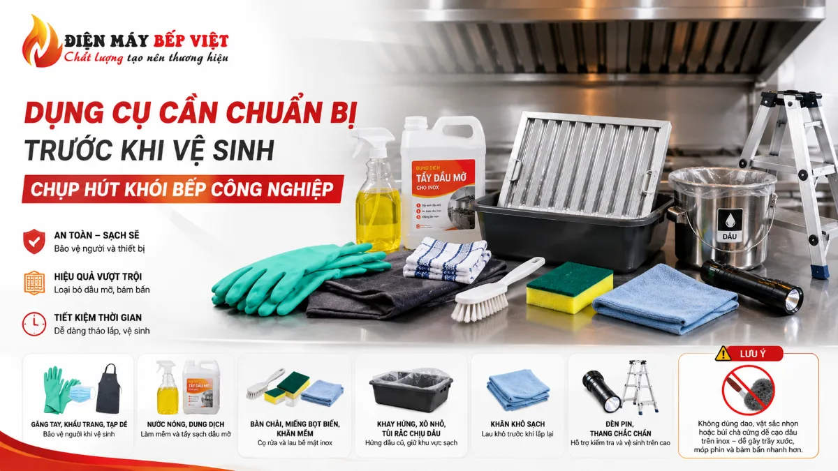 Dụng cụ cần chuẩn bị trước khi vệ sinh chụp hút khói bếp công nghiệp gồm găng tay, dung dịch tẩy dầu mỡ, khăn lau và phin lọc inox