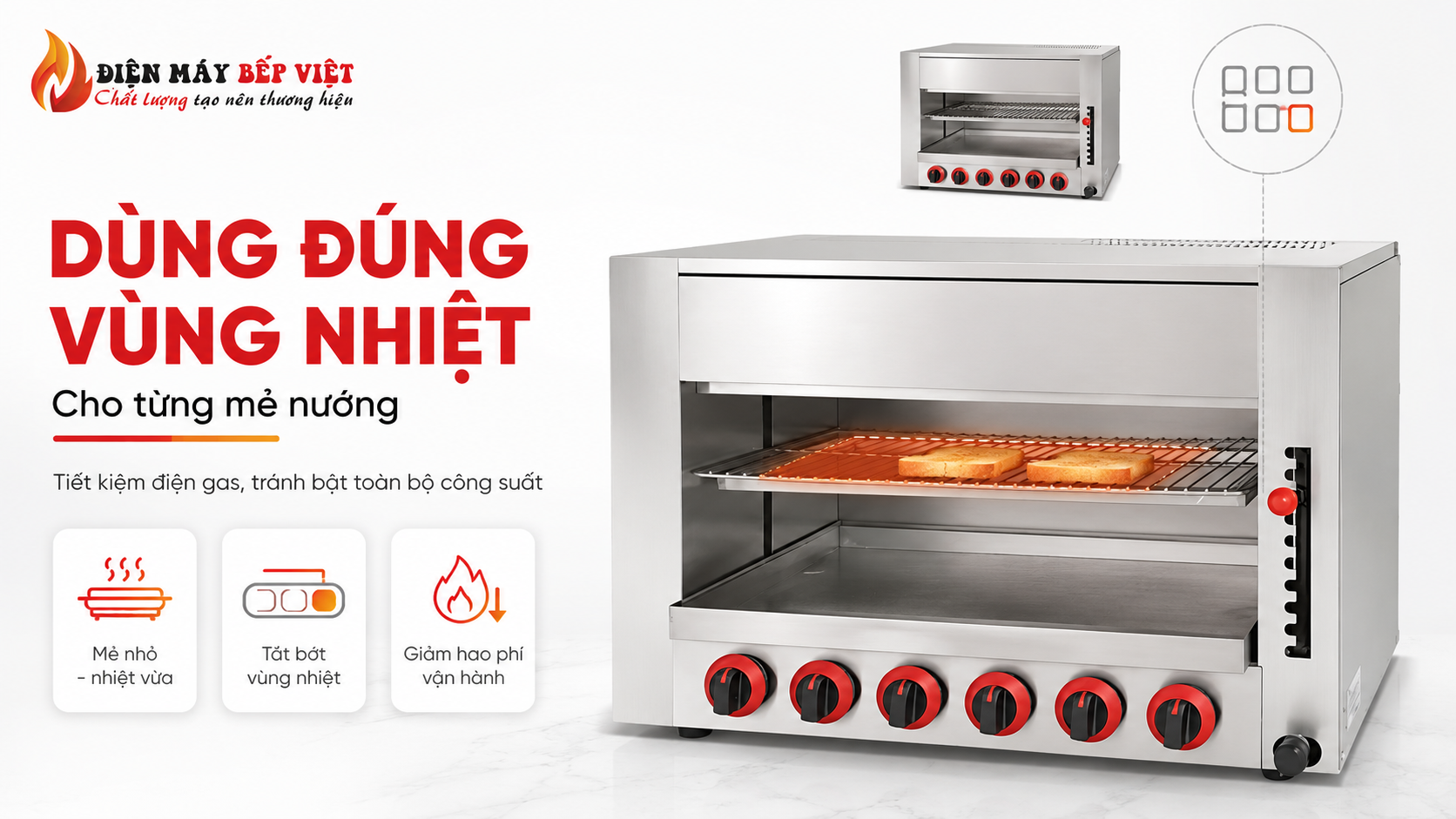 Lò nướng Salamander inox sử dụng đúng vùng nhiệt cho từng mẻ nướng nhỏ nhằm tiết kiệm điện gas và giảm hao phí vận hành.