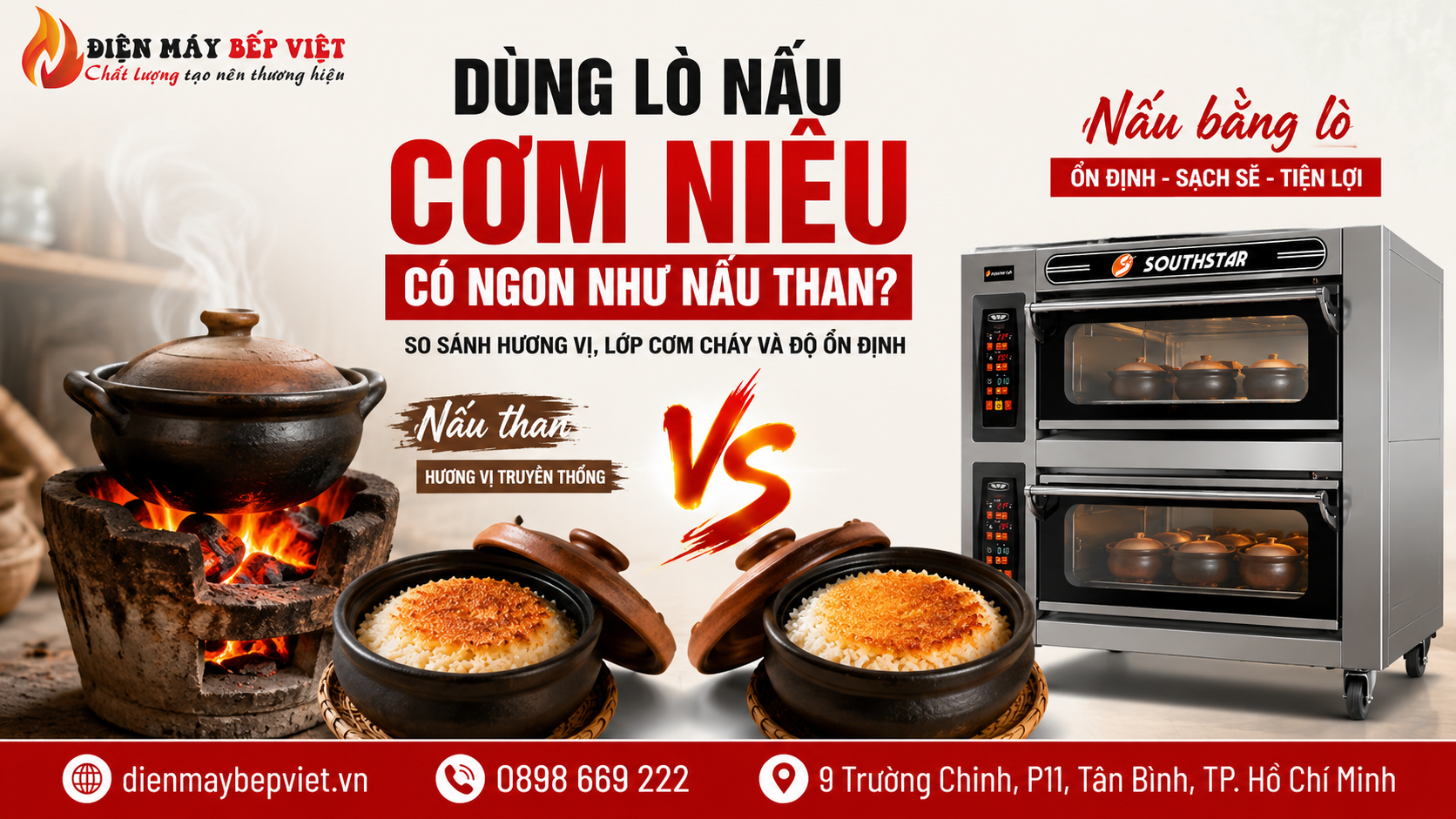 So sánh cơm niêu nấu bằng lò công nghiệp và nấu than truyền thống với hình ảnh lò nấu cơm niêu inox, bếp than và lớp cơm cháy vàng giòn