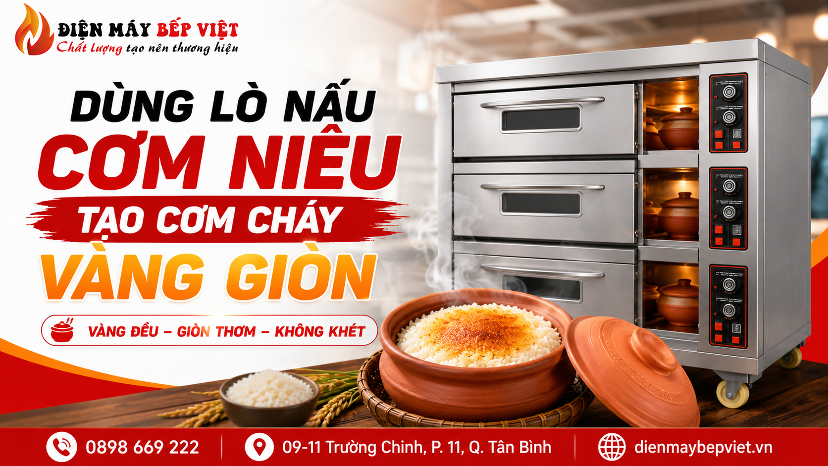 Banner dùng lò nấu cơm niêu tạo cơm cháy vàng giòn với lò nấu cơm niêu inox công nghiệp, niêu cơm cháy vàng đều và hướng dẫn tạo lớp cơm giòn thơm không bị khét.